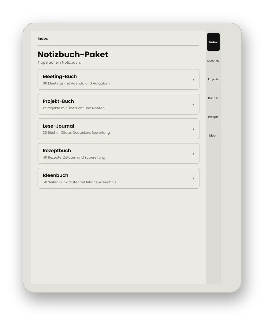 Notizbuch-Paket: Übersicht der 5 verlinkten Notizbücher