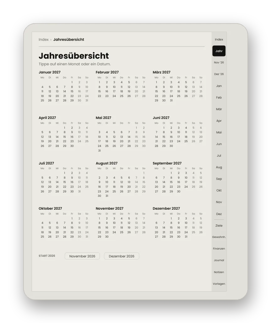 Jahresübersicht 2027 mit verlinkten Daten