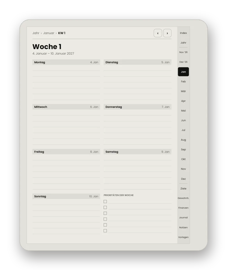 Wochenseite mit Navigation Jahr, Monat, Woche